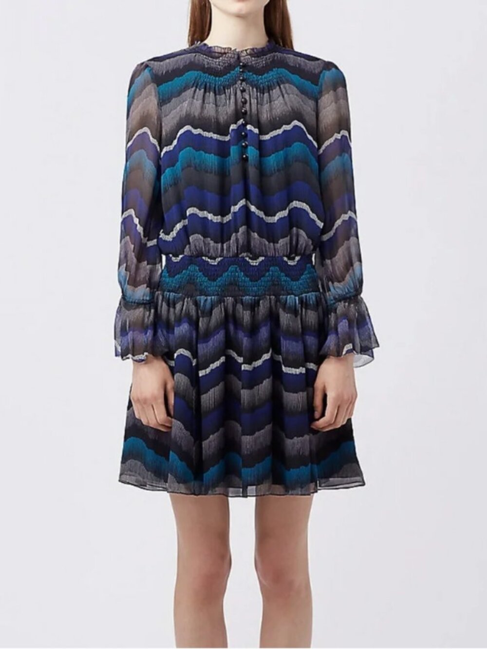 Diane von Furstenberg Kelley Ruffle Chiffon Blouse Dress in Blue & Black-Size 8
